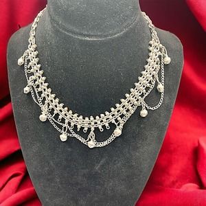 Multilayered Silver-Tone Chains Dangling Bells 17.25 Inch Choker Necklace!